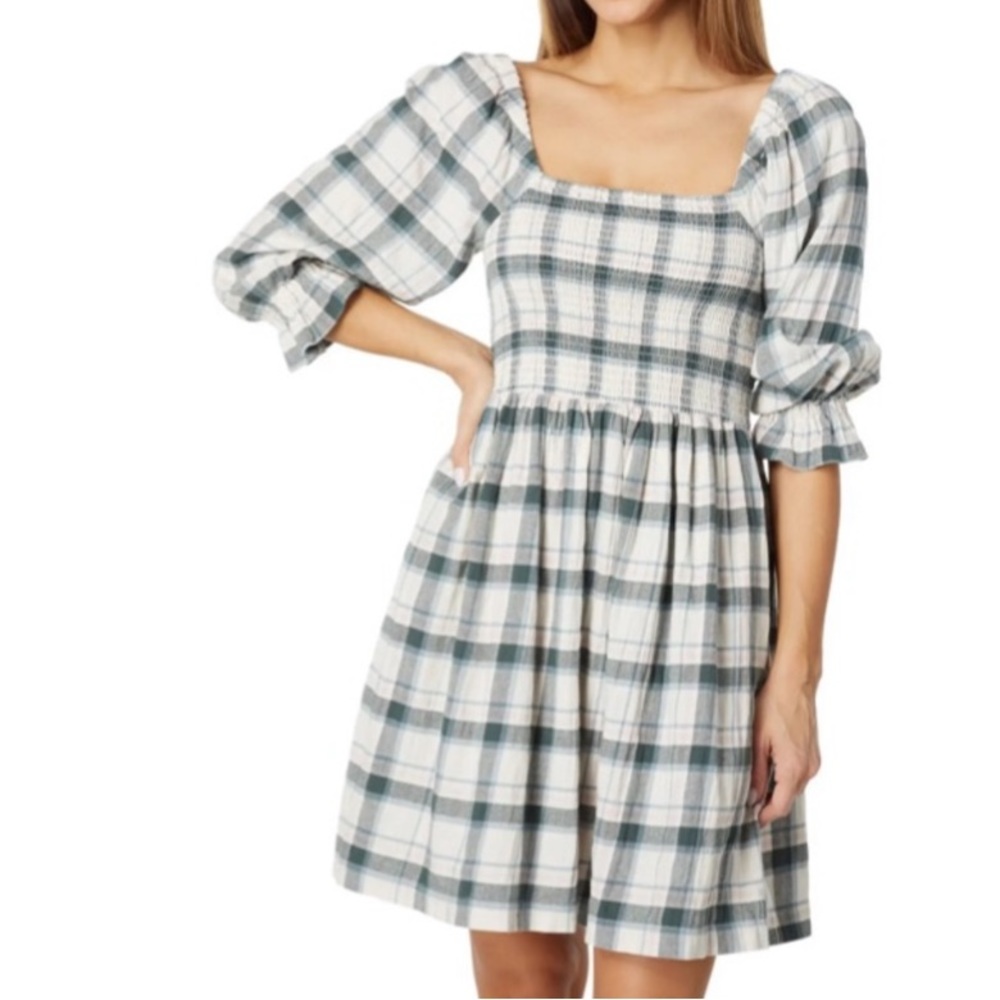 Madewell Lucie Elbow-Sleeved Smoked mini dress in Lebaum Plaid